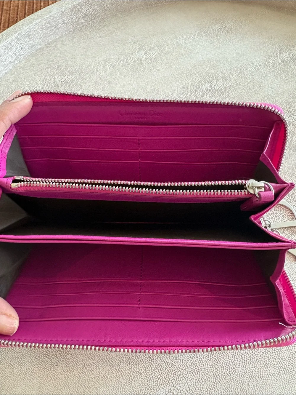 Dior Hot Pink Quilted Patent Zip-Around Wallet with Charm